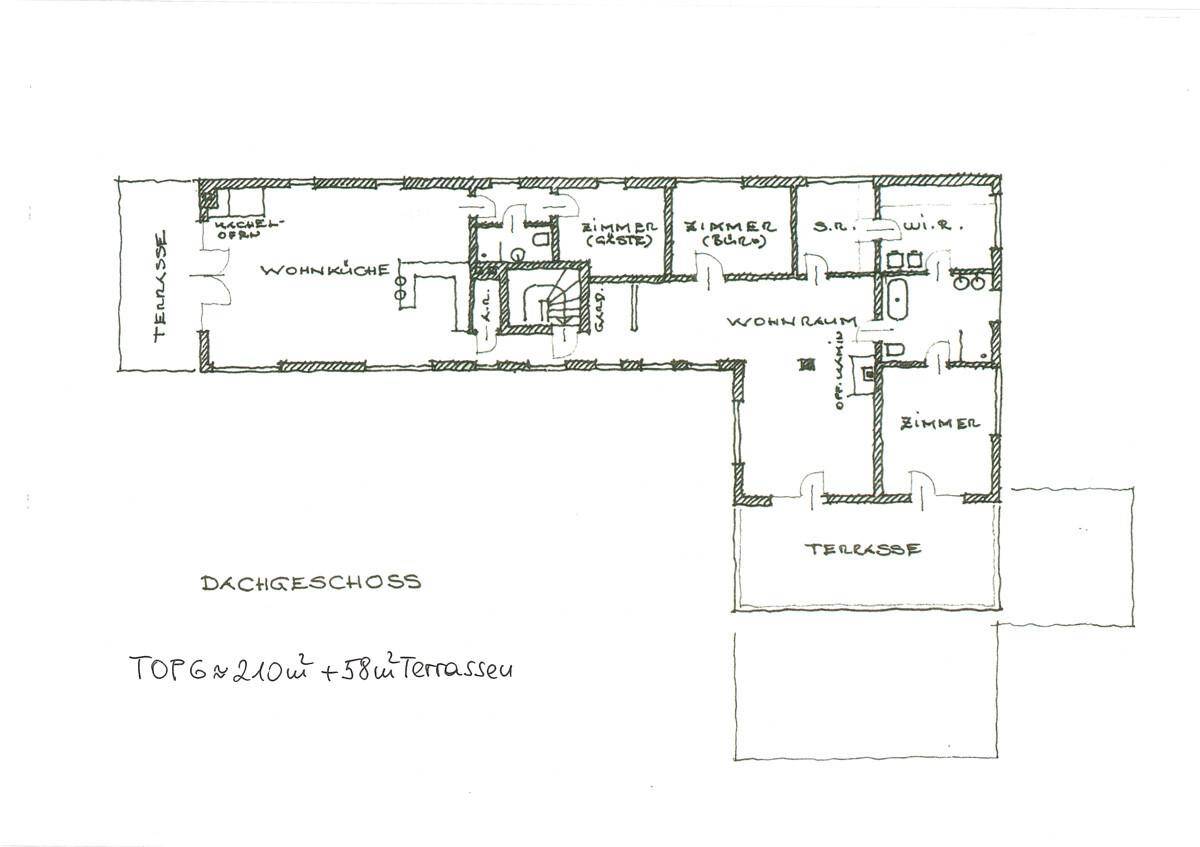 Handgezeichneter Grundriss des Dachgeschosses mit Wohnküche und Terrasse.