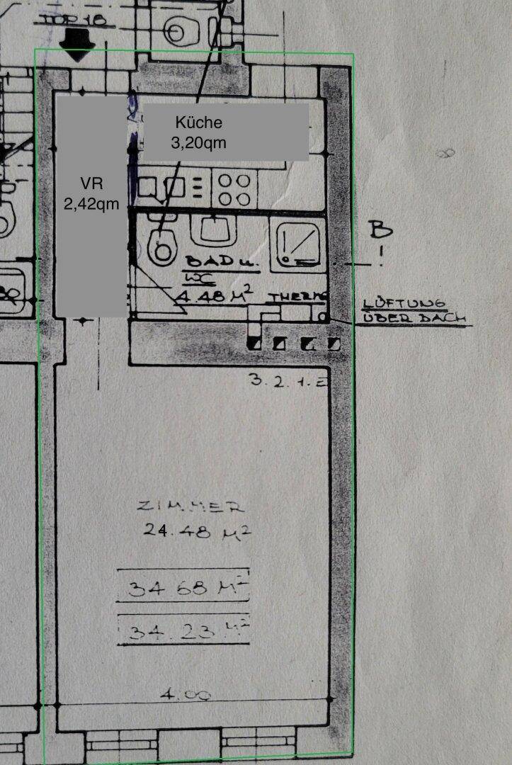 Grundriss einer Wohnung mit Zimmer, Küche und Bad, inklusive Flächenangaben.
