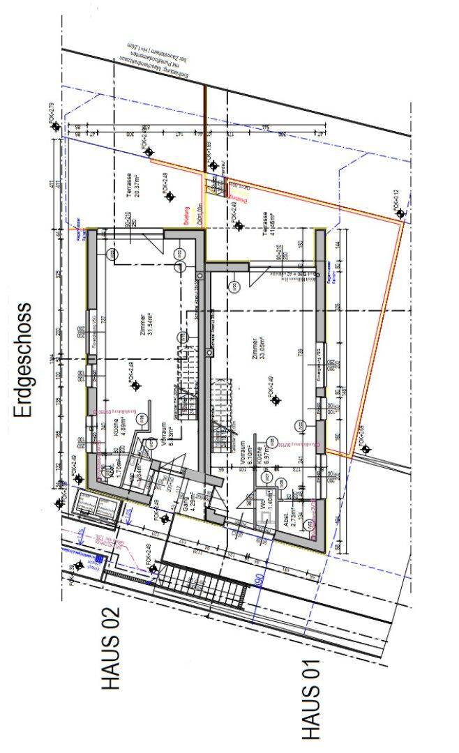 Technischer Grundriss des Erdgeschosses von zwei Häusern mit Terrassenbereichen.