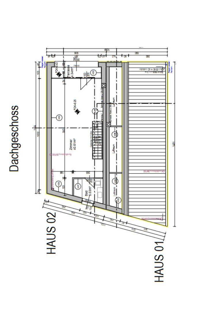 Technischer Grundriss des Dachgeschosses eines Hauses mit Zimmer und Bad.