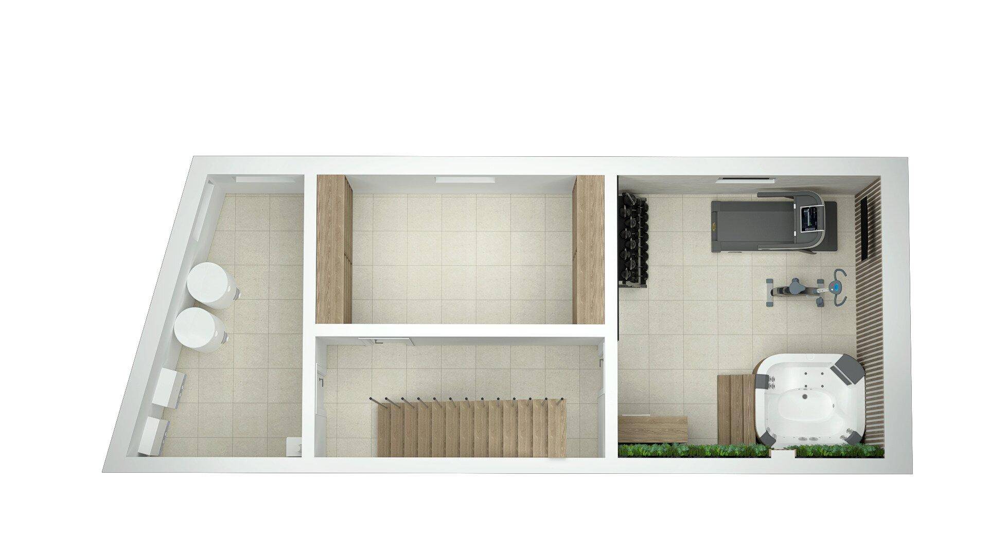 Grundrissdarstellung eines Wellnessbereichs mit Whirlpool und Fitnessgeräten.