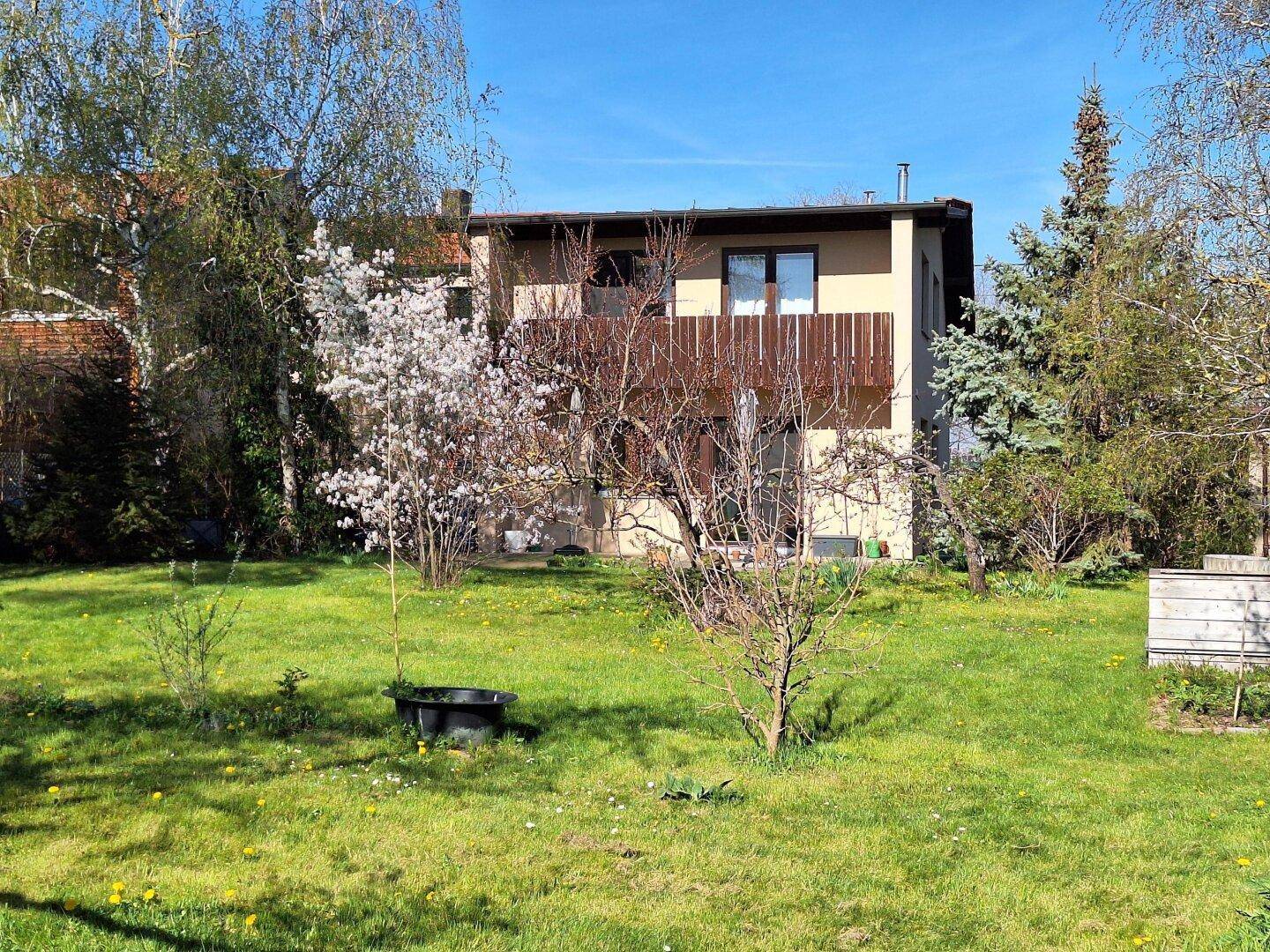 Hinteransicht des Hauses mit großem, gepflegten Garten und blühenden Bäumen im Frühling.
