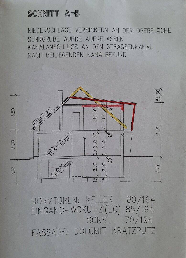 Gebäudeschnitt zeigt die Geschosseinteilung, Keller und Dachkonstruktion des Hauses.