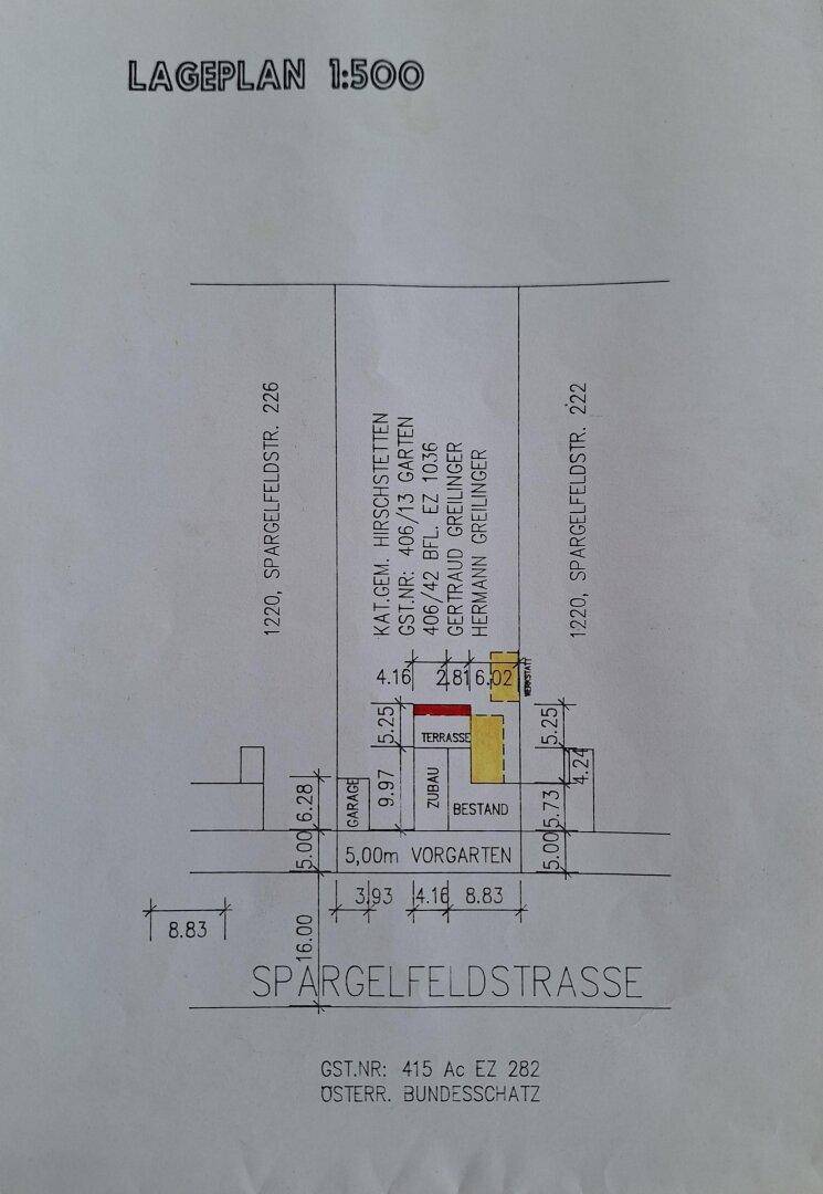 Lageplan im Maßstab 1:500 mit Grundstücksgrenzen, Bestandsgebäuden und Terrassenbereich.