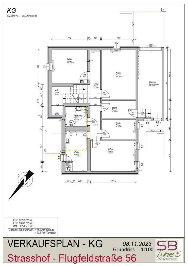 Grundriss des Kellergeschosses mit Kellerräumen, Heizraum und integrierter Garage.