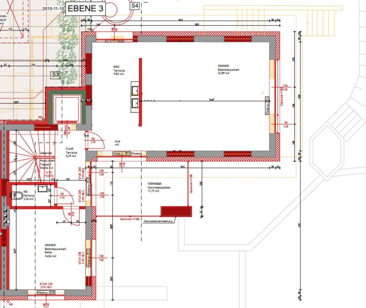 Grundriss der Ebene 3 mit einem Zimmer, Bad, Flur, separatem WC und einer großen Terrasse.