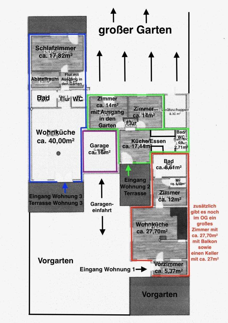 Grundrissplan mit mehreren Wohneinheiten, offenem Wohnbereich, Garagen und Zugang zu Terrassen und einem großen Garten.