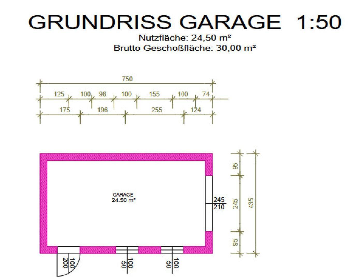 Grundriss der Garage mit den Maßen und der Nutzfläche.