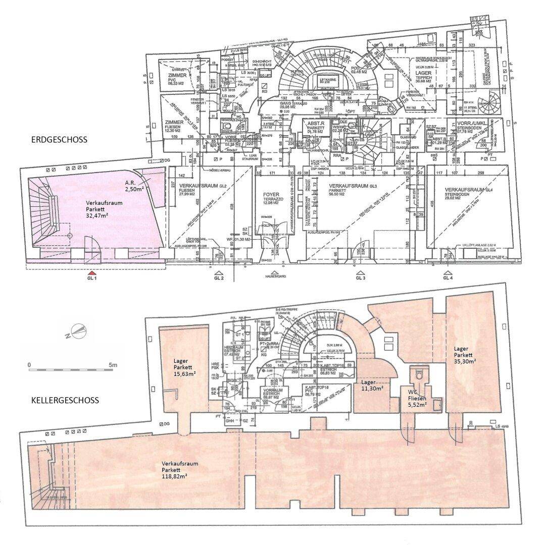 Grundriss des Erdgeschosses und Kellergeschosses mit Verkaufsräumen und Lagermöglichkeiten.