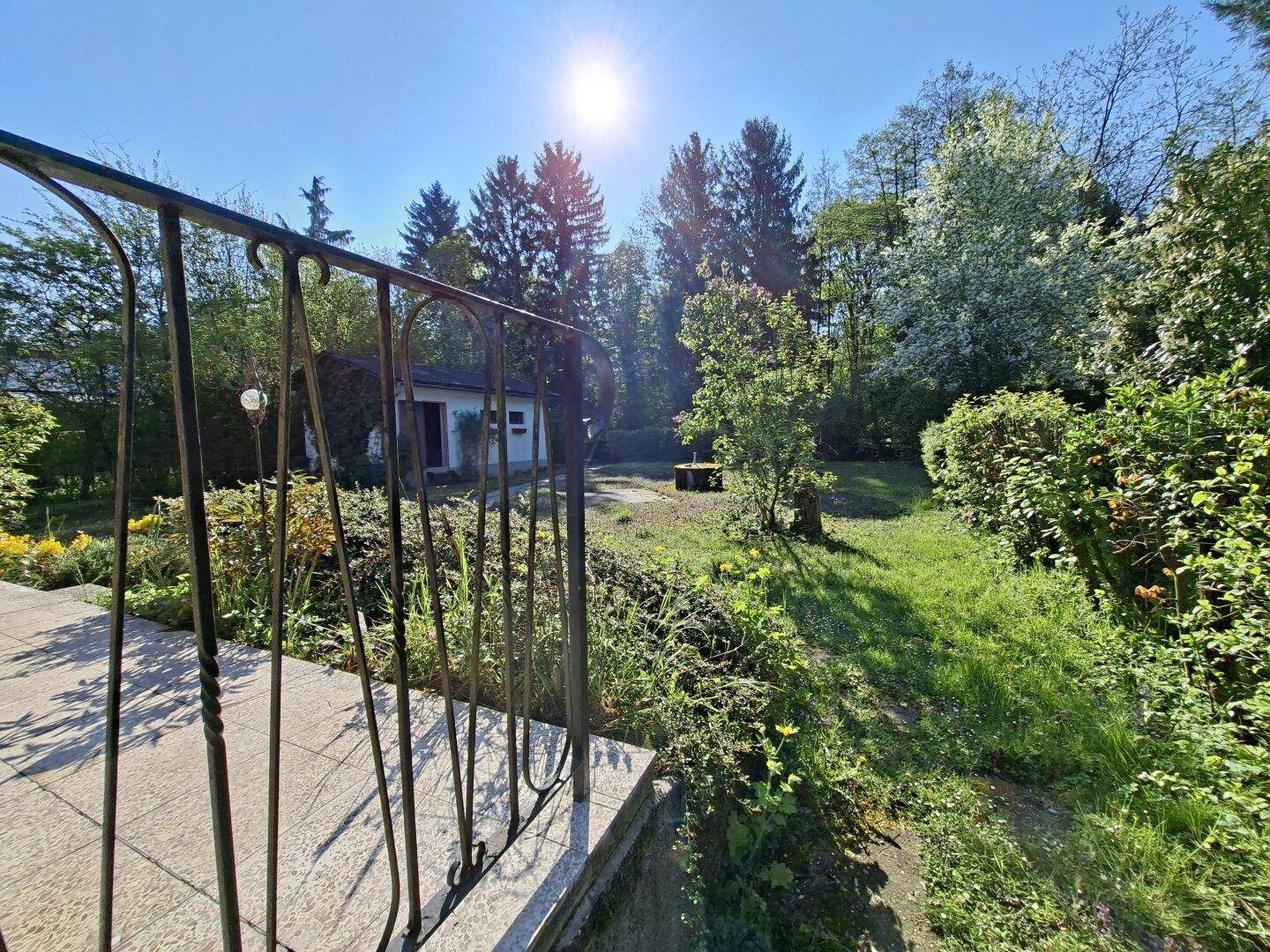 Weitläufiger Gartenbereich mit Rasen, Bäumen und einem weiteren Gebäude im Hintergrund.