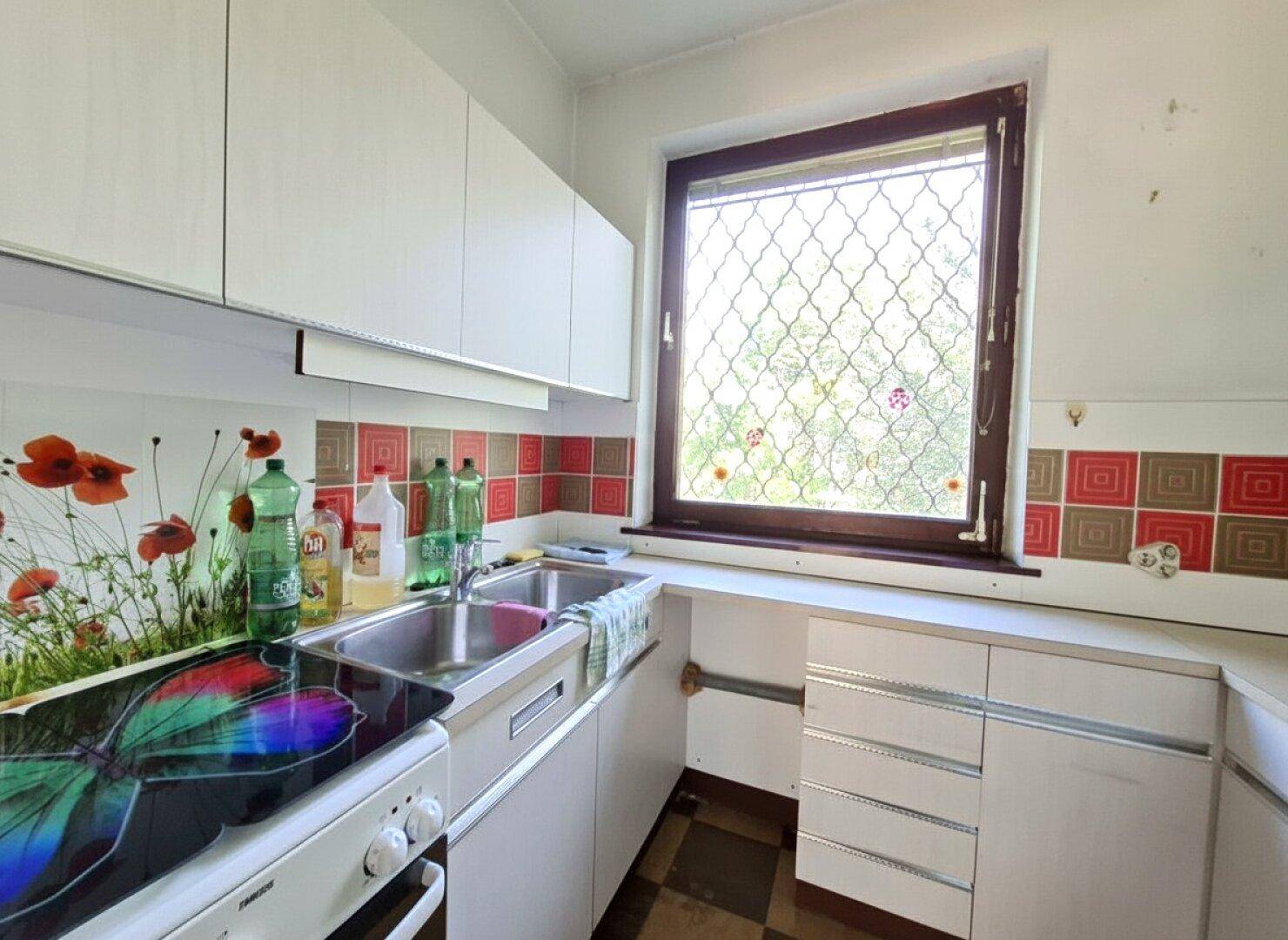 Funktionale Küche mit weißen Schränken, Doppelspüle und Fenster mit Gartenblick.