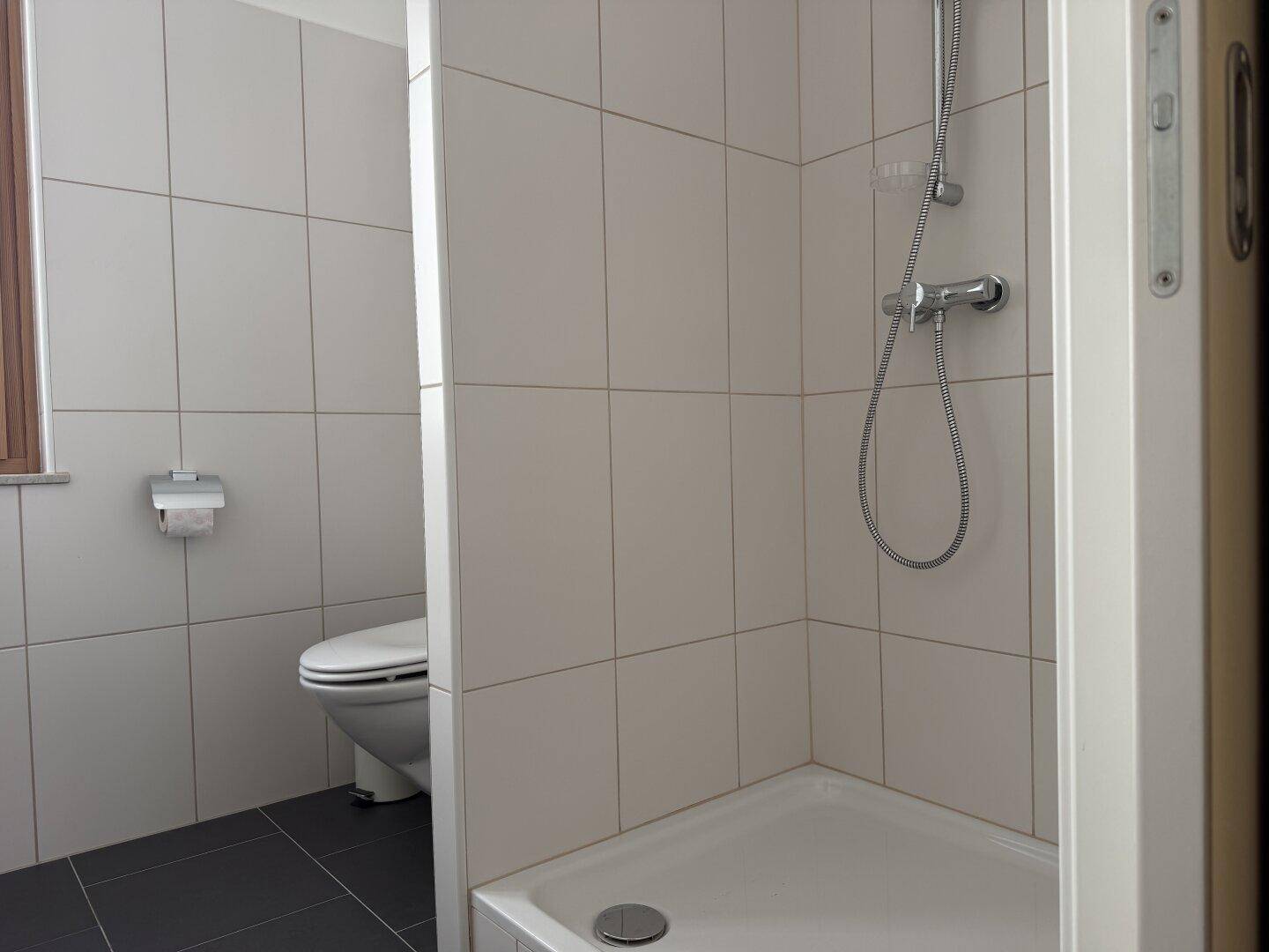 Badezimmer mit Duschkabine, WC und hellen Fliesen, die eine saubere Atmosphäre schaffen.