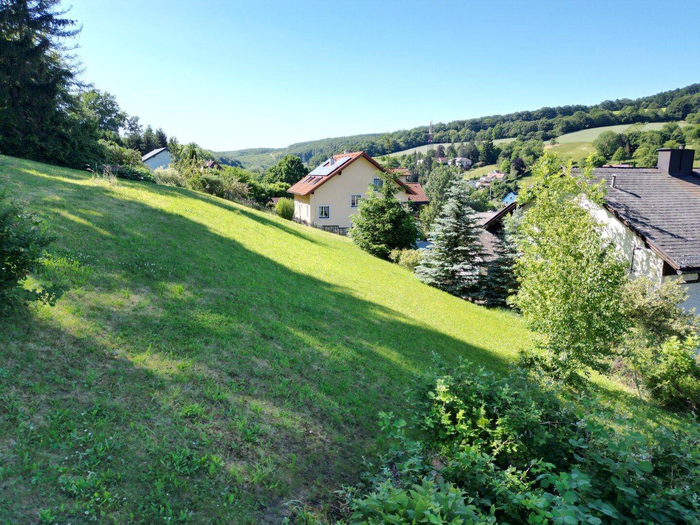 Weitläufige grüne Rasenfläche in Hanglage mit Blick auf weitere Häuser und die Landschaft.