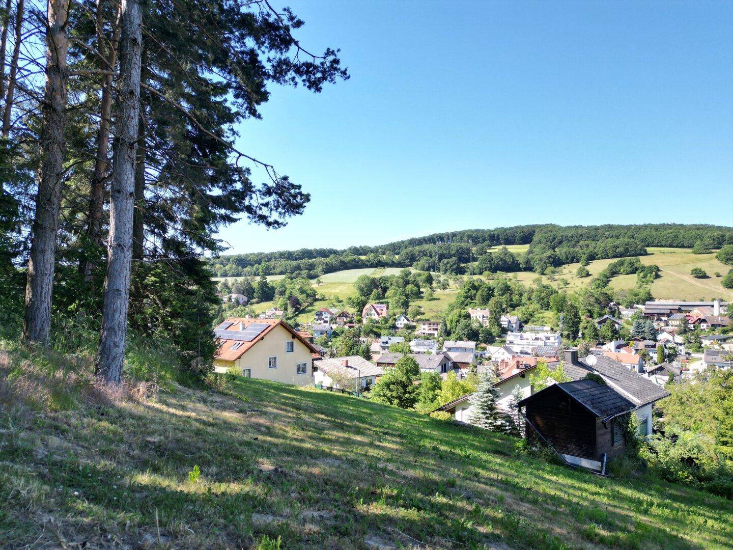 Panoramablick über ein idyllisches Dorf, eingebettet in eine grüne Hügellandschaft unter blauem Himmel.