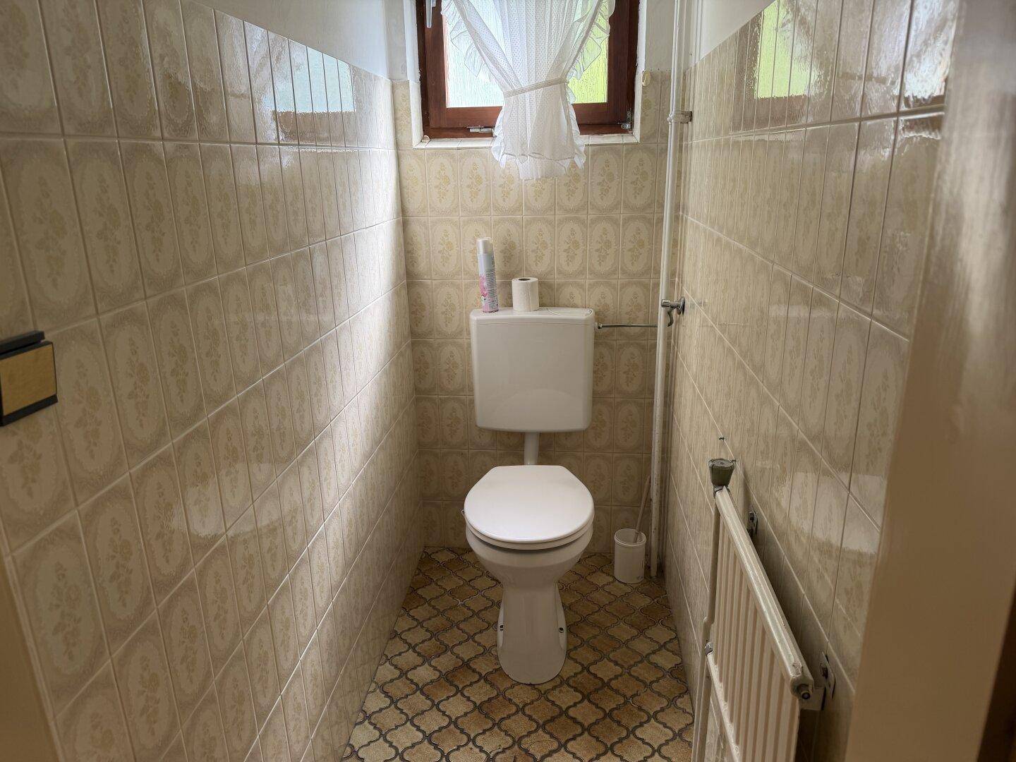 Separate Toilette mit WC, Waschbecken und gemusterten Fliesen im traditionellen Stil.