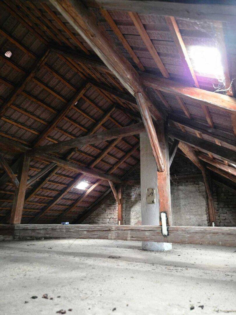 Geräumiger Dachboden mit sichtbaren Holzbalken und Dachfenstern.