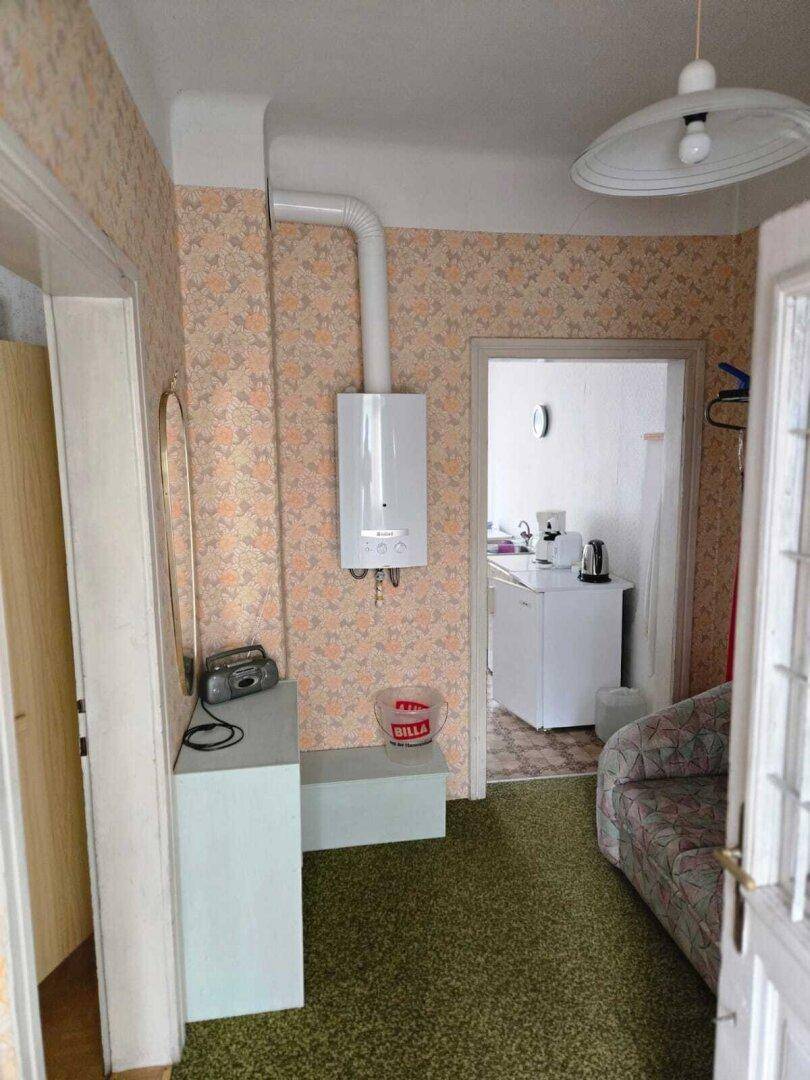 Flur mit floraler Tapete, Teppichboden und einem an der Wand montierten Warmwasserbereiter.