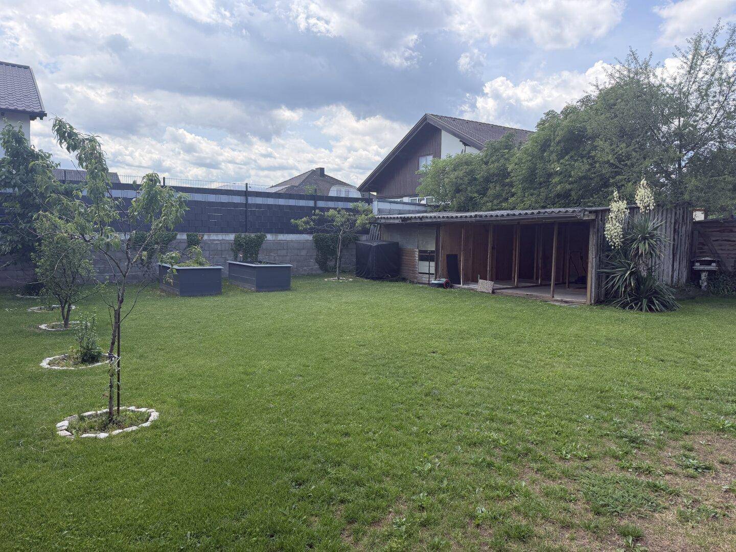 Weitläufiger Garten mit Rasen, jungen Bäumen, Hochbeeten und einem einfachen Holzunterstand.