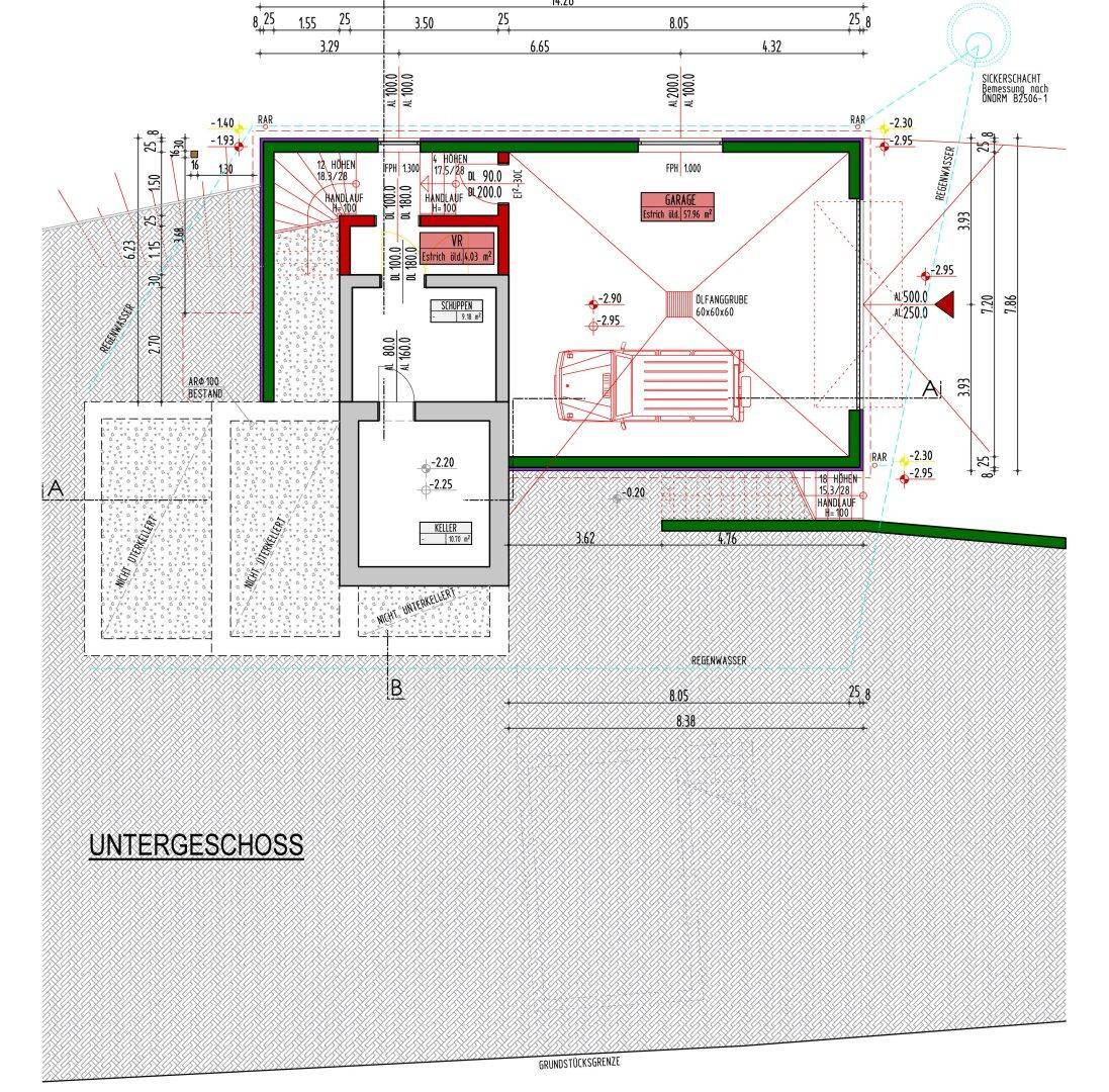 Grundriss des Untergeschosses mit Keller, Technikraum und einer geräumigen Garage.