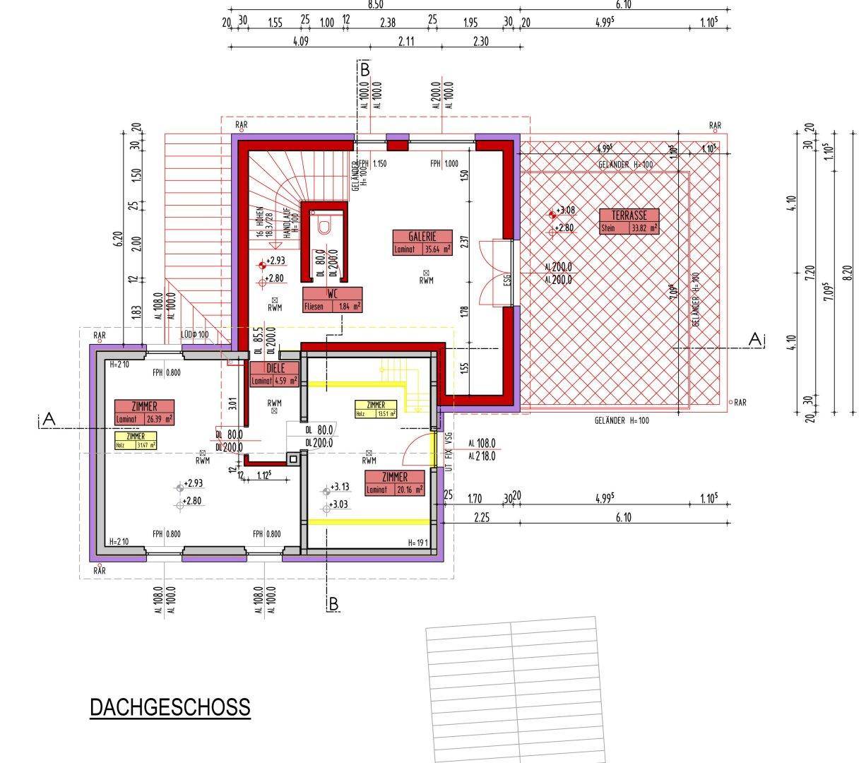 Grundriss des Dachgeschosses mit Zimmern, einer Galerie und einer großen Dachterrasse.