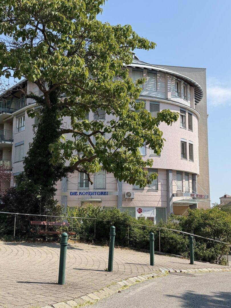 Gebäude mit geschwungener Fassade und viel Grün, beherbergt eine Konditorei.