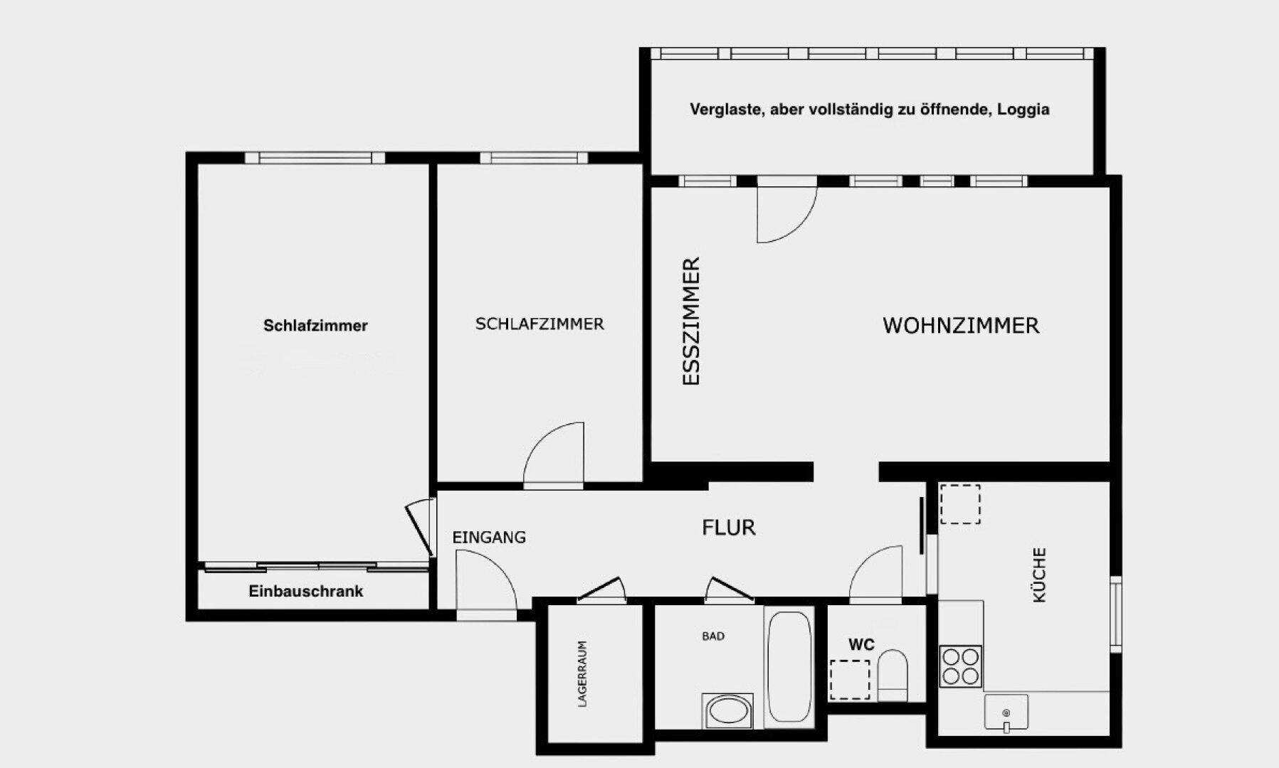 Grundriss einer Wohnung mit zwei Schlafzimmern, offenem Wohnbereich und verglaster Loggia.