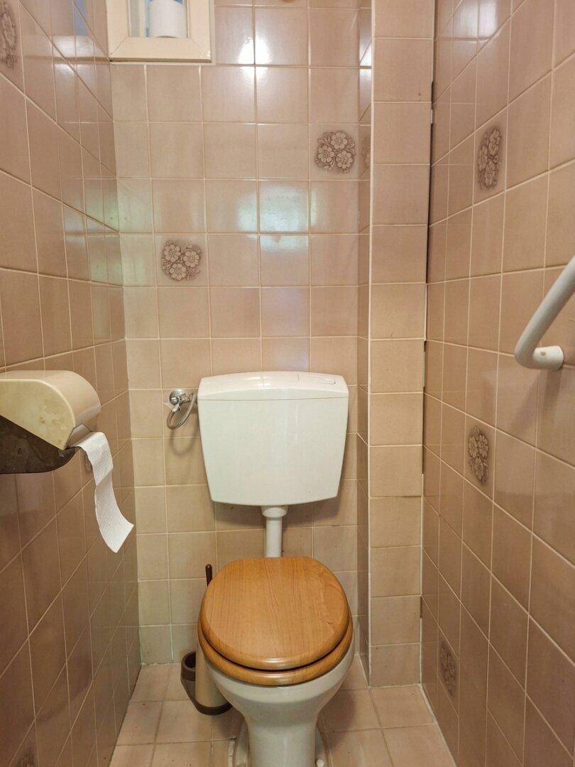 Kleines WC mit beigefarbenen Fliesen, Toilette und Haltegriff.