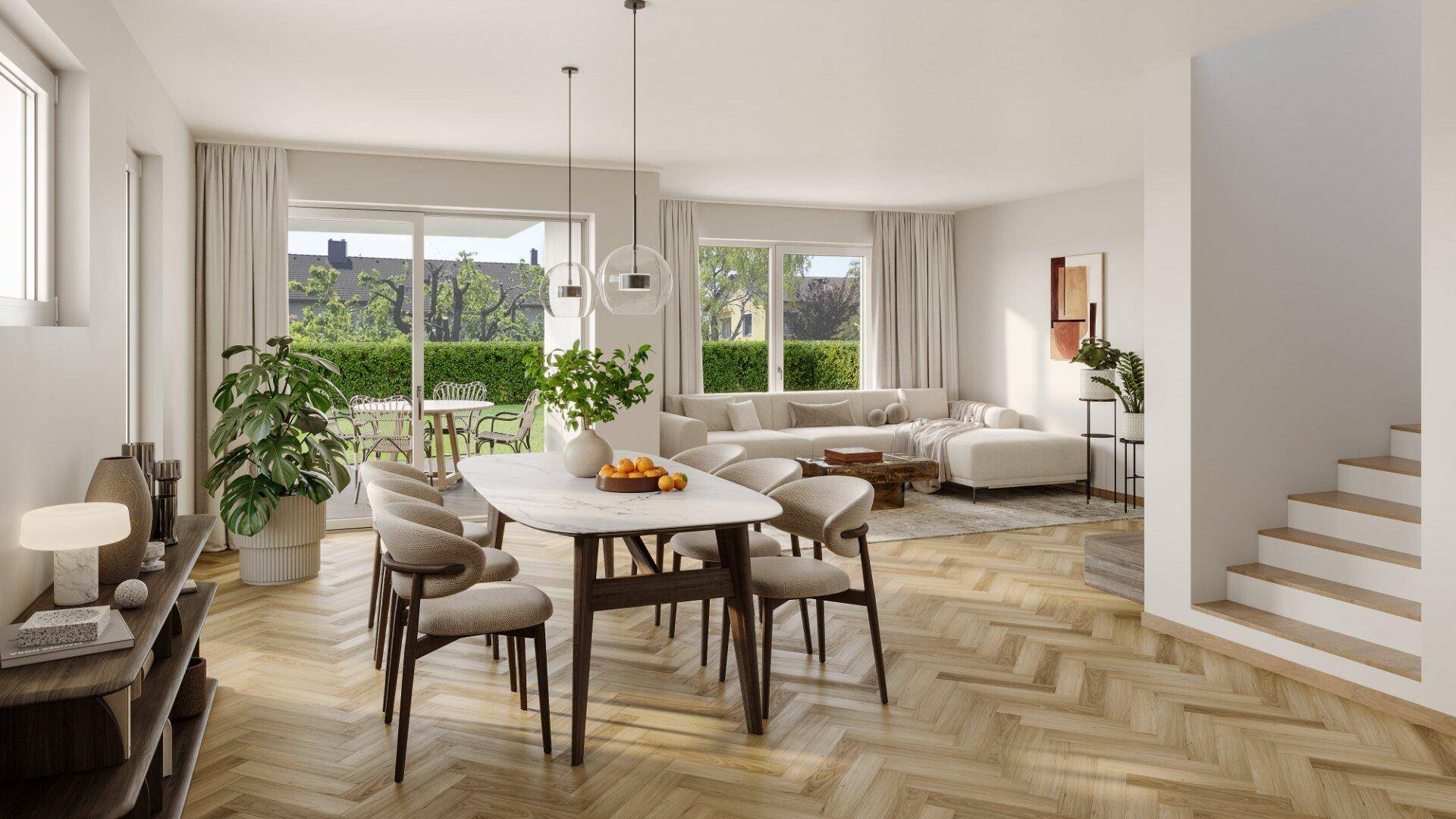 Helles, offenes Wohn- und Esszimmer mit Parkettboden, großen Fenstern und Zugang zum Garten.
