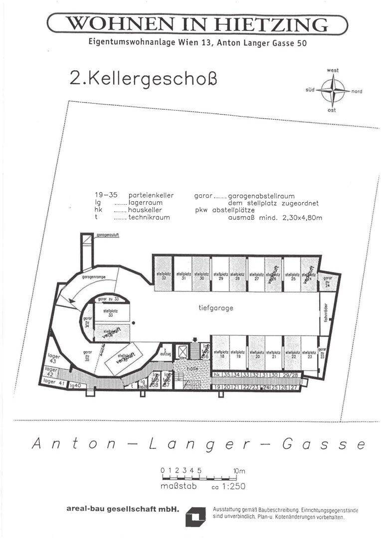 Grundriss des zweiten Kellergeschosses mit Tiefgarage und weiteren Kellerabteilen.