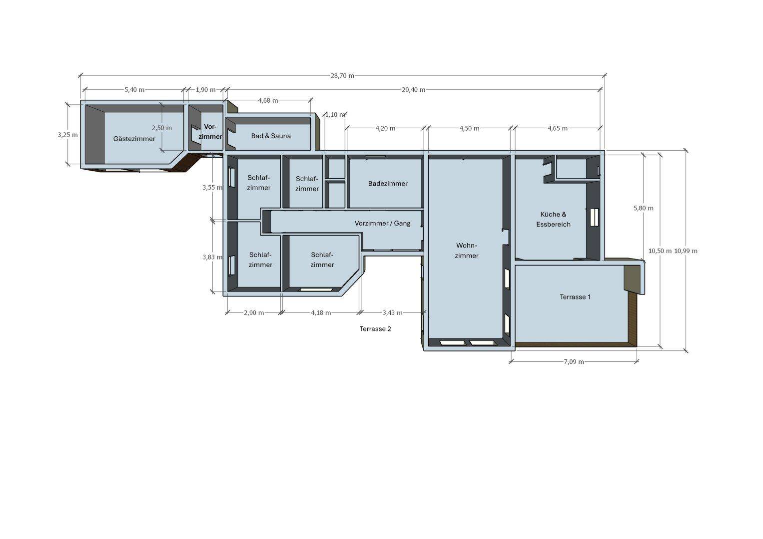 Grundriss mit mehreren Schlafzimmern, zwei Bädern, integrierter Sauna und zwei Terrassenbereichen.