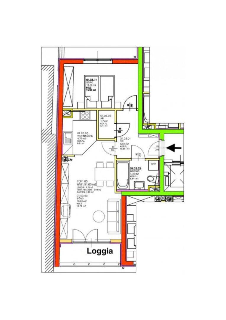 Detaillierter Grundriss einer Wohnung mit Loggia und Raumaufteilung.