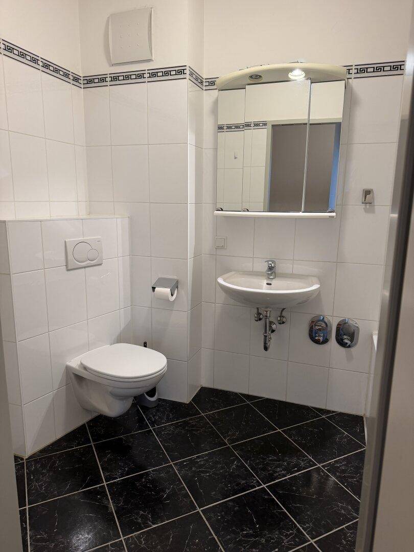 Badezimmer mit Wand-WC, Waschbecken und Spiegelkabinett, modern gefliest.