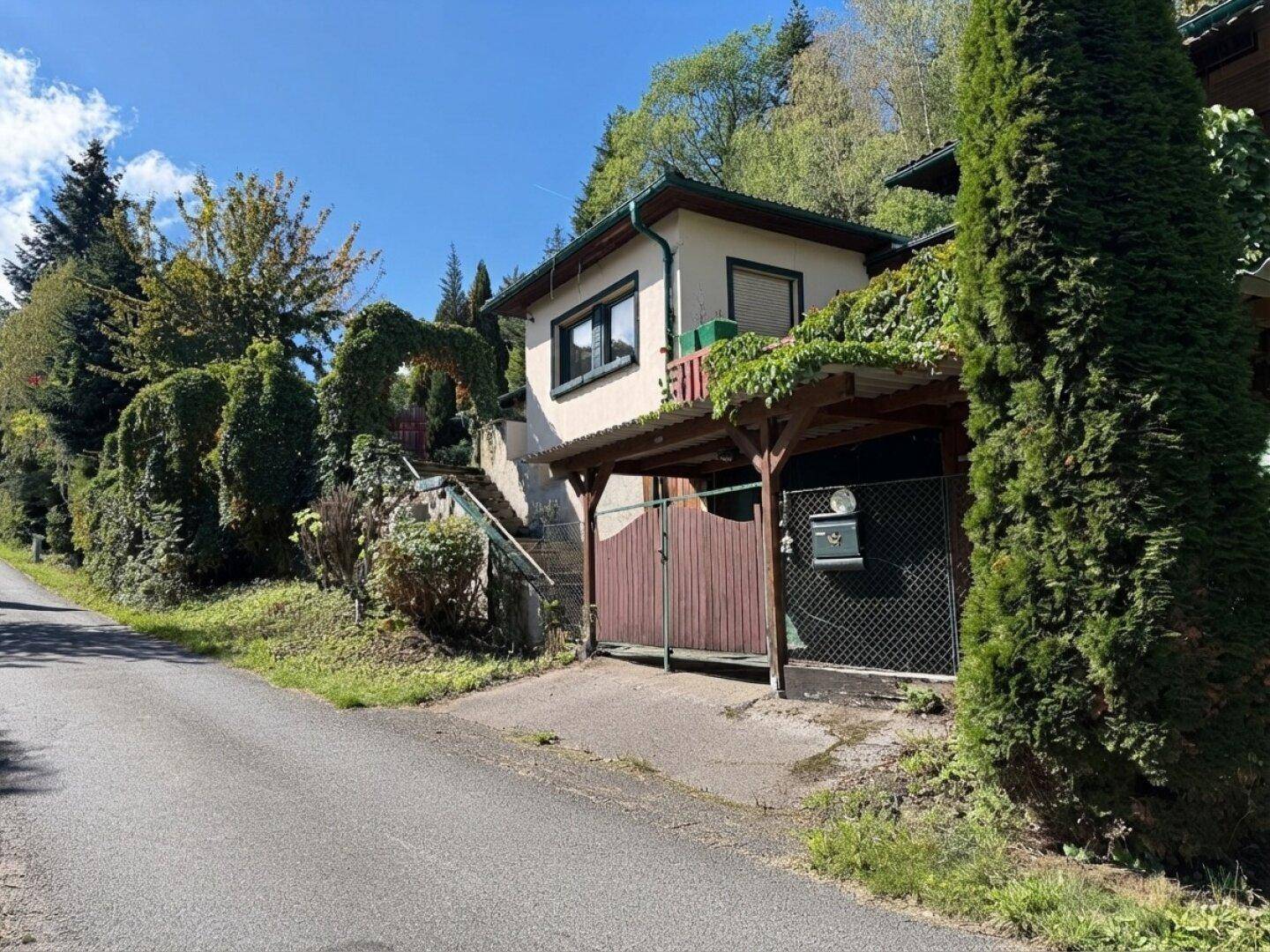 Hausansicht von der Straße mit Carport und üppiger Bepflanzung am Hang.