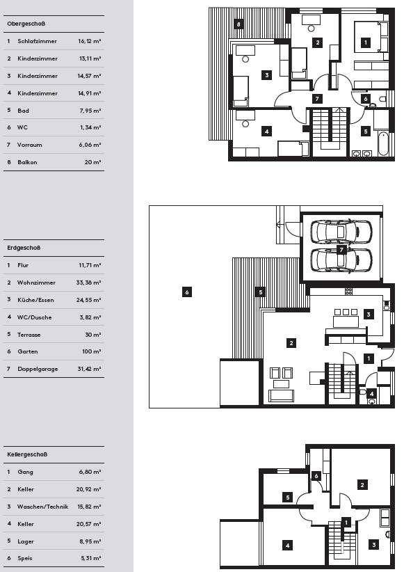 Detaillierter Grundriss des Hauses mit Obergeschoss, Erdgeschoss und Kellergeschoss.