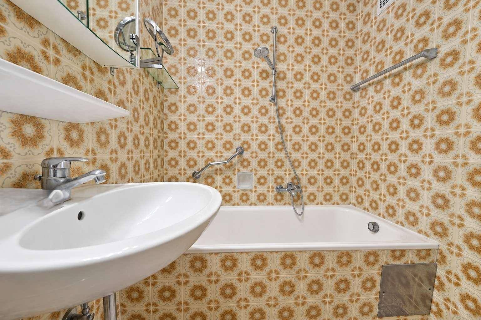 Badezimmer mit gemusterten Fliesen, Badewanne mit Duschfunktion und Haltegriffen.