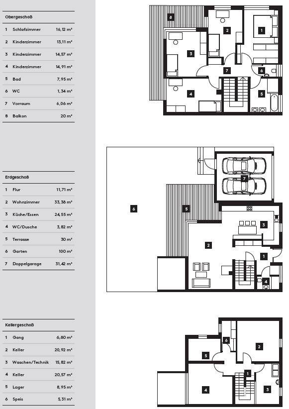 Detaillierter Grundriss des Hauses mit Obergeschoss, Erdgeschoss und Kellergeschoss.