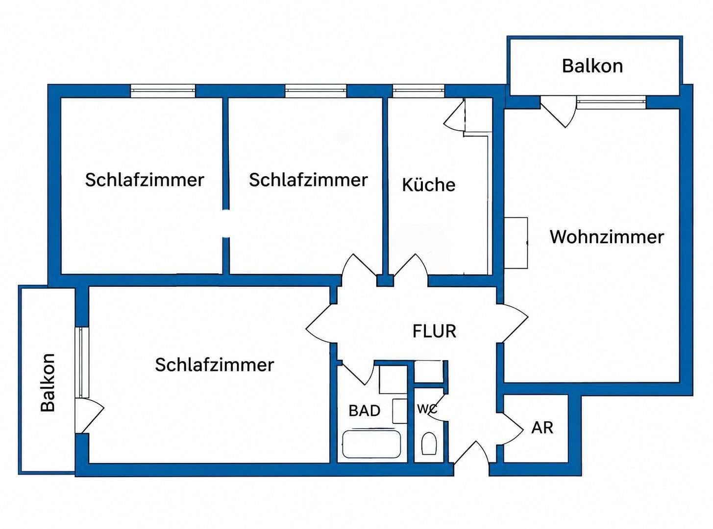 Grundriss einer Wohnung mit drei Schlafzimmern, Wohnzimmer, Küche und zwei Balkonen.