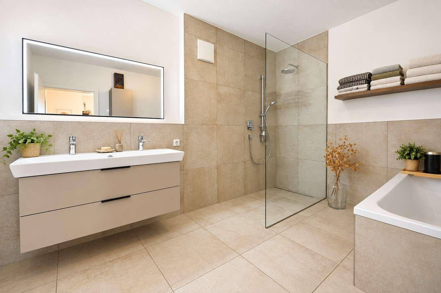 Modernes Badezimmer mit Doppelwaschbecken, begehbarer Dusche und Badewanne in hellen Farbtönen.