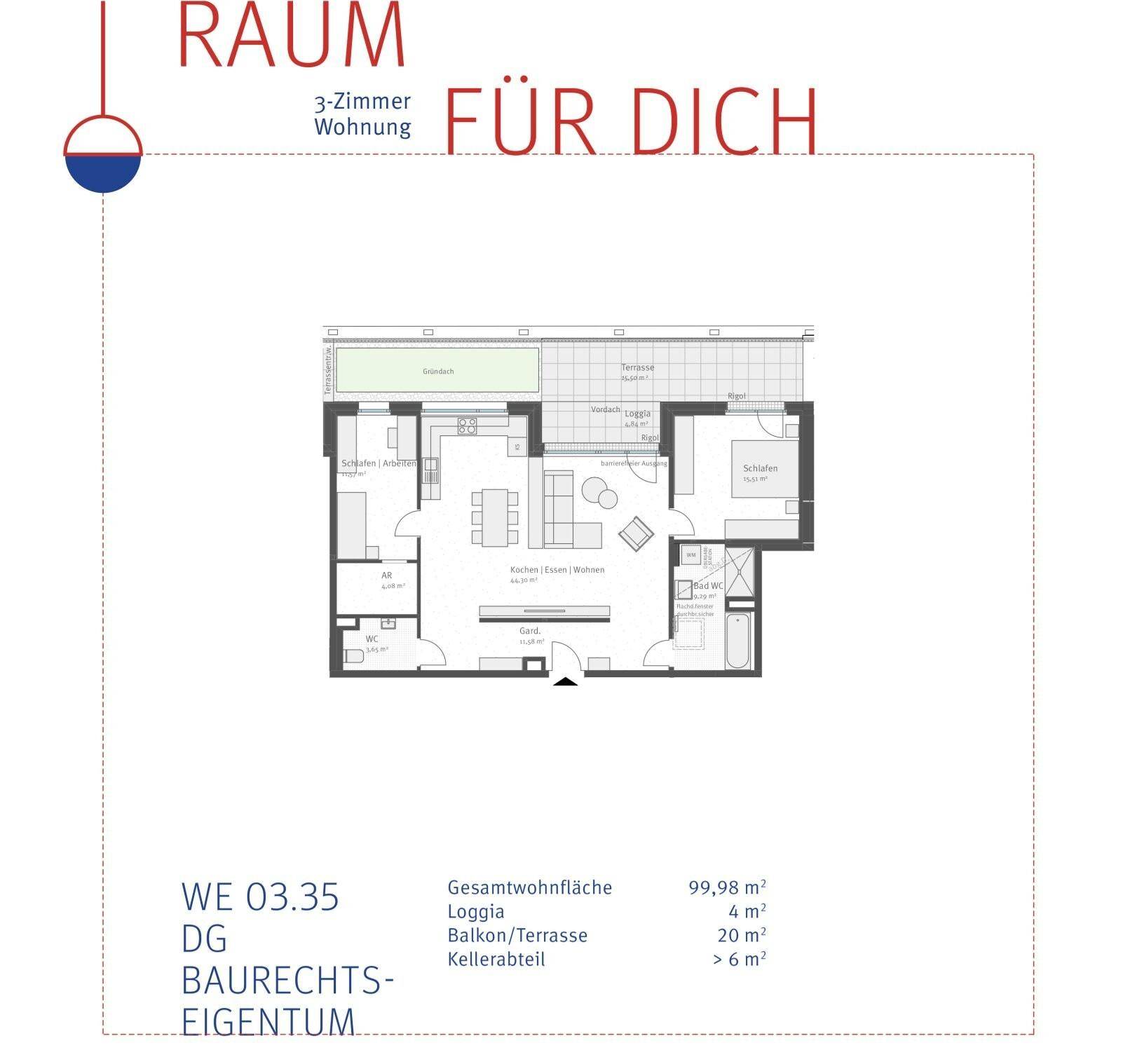 Grundriss einer 3-Zimmer-Wohnung mit offenem Wohnbereich, Loggia und Balkon/Terrasse.