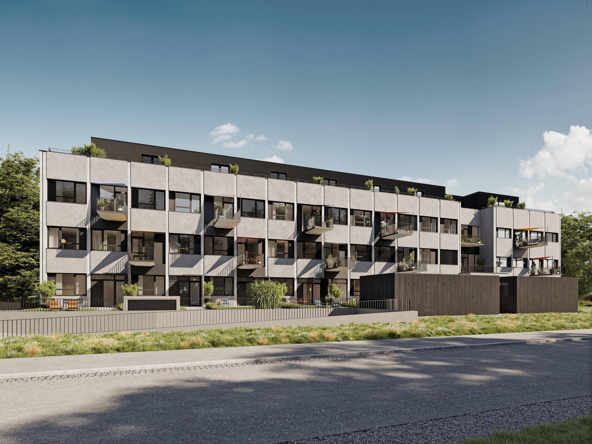 Ansicht eines modernen Wohngebäudes mit mehreren Balkonen und minimalistischer Fassadengestaltung.