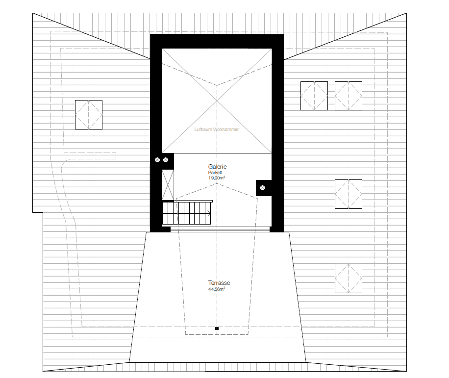 Grundriss der oberen Ebene mit Galerie, Luftraum über dem Wohnzimmer und großer Terrasse.