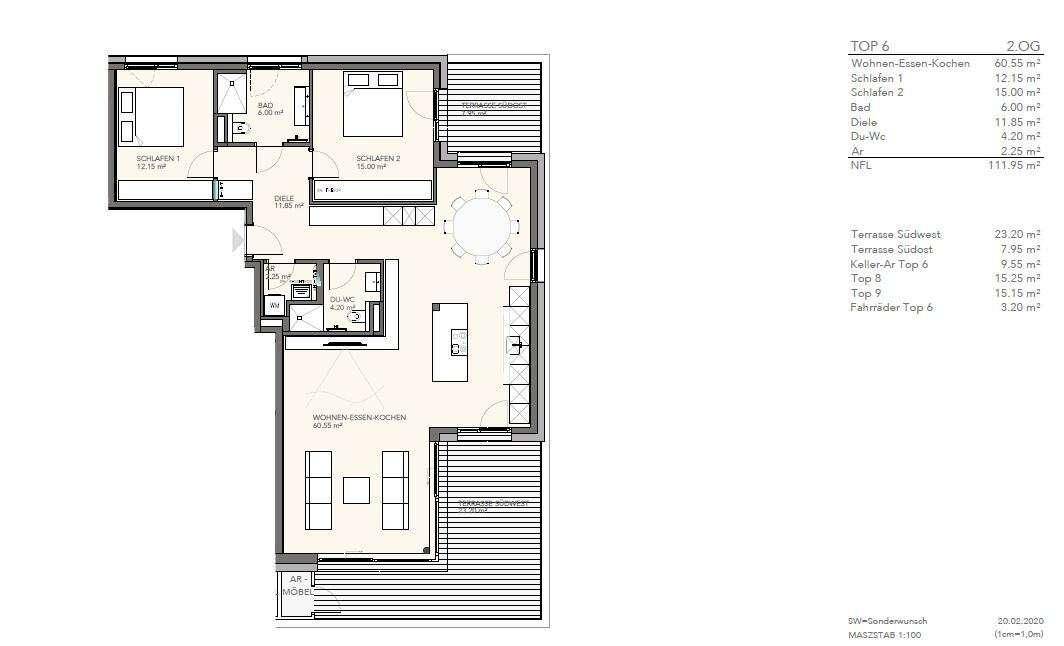 Grundriss einer Wohnung mit zwei Schlafzimmern, zwei Bädern und offenem Wohn-Ess-Kochbereich sowie zwei Terrassen.