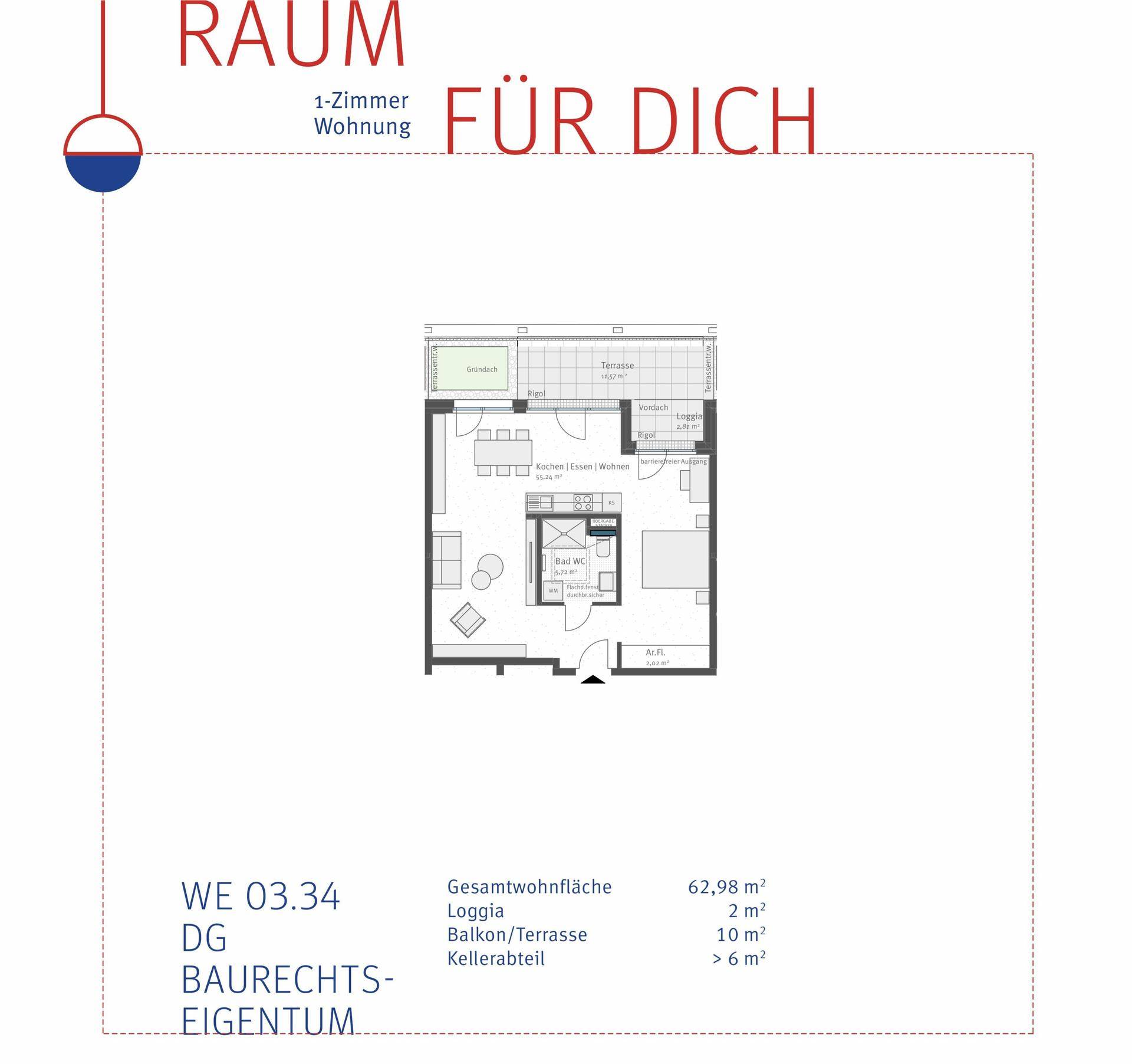 Grundriss einer 1-Zimmer-Wohnung mit Loggia, Balkon/Terrasse und Kellerabteil.