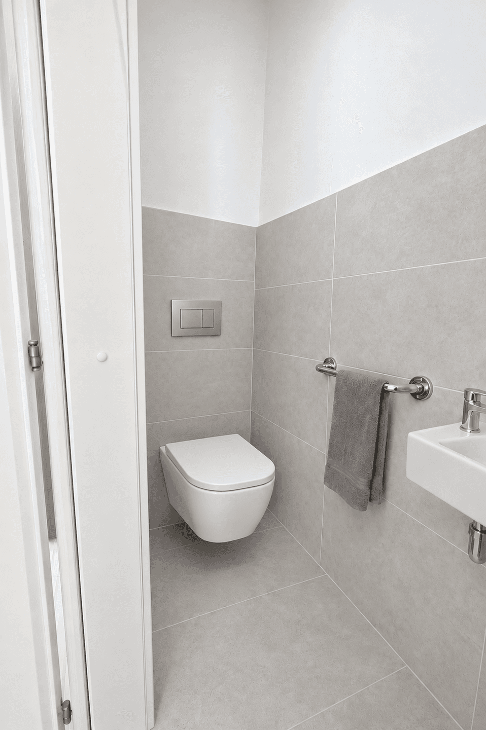 Modernes Gäste-WC mit wandhängender Toilette, kleinem Waschbecken und hellgrauen Fliesen.