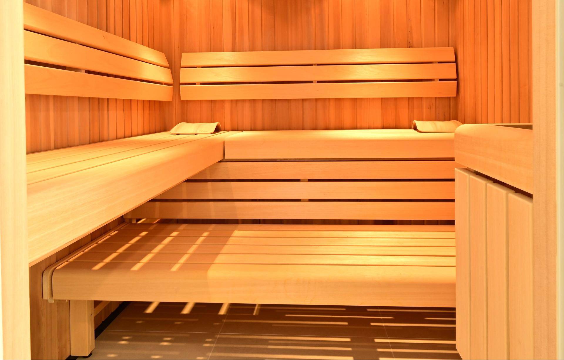 Innenansicht der Sauna mit mehreren Holzebenen und bequemen Bänken für ein entspannendes Erlebnis.
