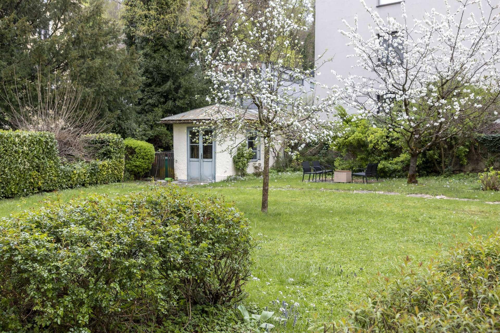 Gepflegter Garten mit Rasenfläche, blühenden Bäumen und einem kleinen Gartenhaus.
