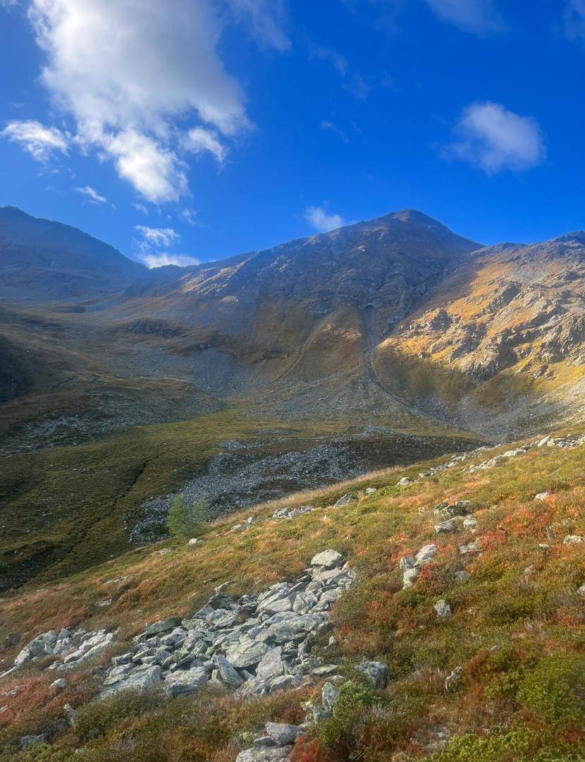 Weite alpine Berglandschaft unter einem strahlend blauen Himmel mit vereinzelten Wolken.