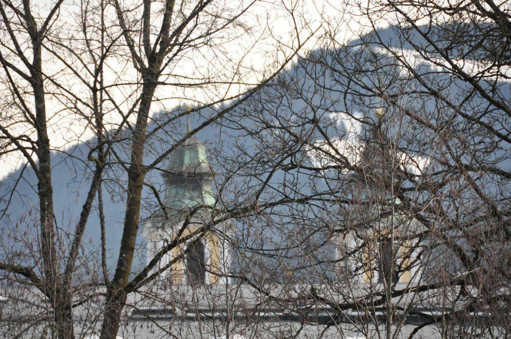 Blick auf Kirchtürme und die umliegende Berglandschaft durch kahle Bäume im Winter.