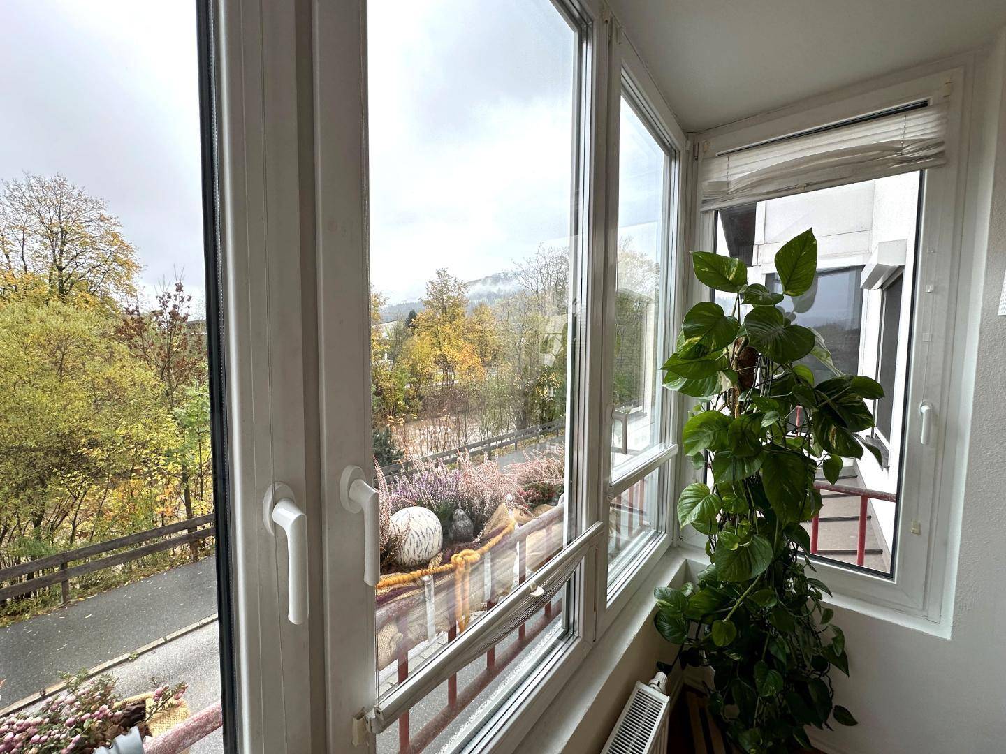 Große Fensterfront mit Blick auf die herbstliche Landschaft und umliegende Gebäude.