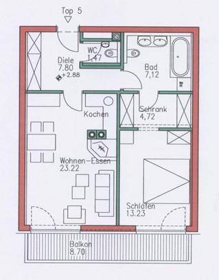 Detaillierter Grundriss einer Wohnung mit Wohn-Essbereich, Schlafzimmer und Balkon.